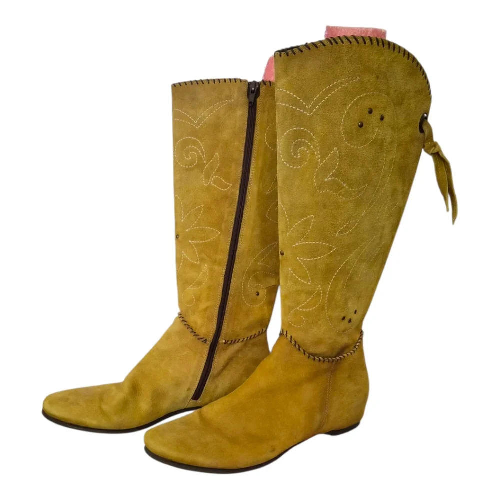 Progetto Women’s Leather Suede Knee High Boots Mustard Yellow Embroidered Wester